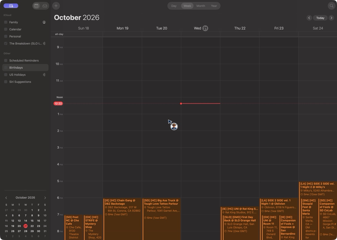 Apple Calendar week view with The Breakdown turned on in the sidebar, its shows filling the evenings of October 18-24
