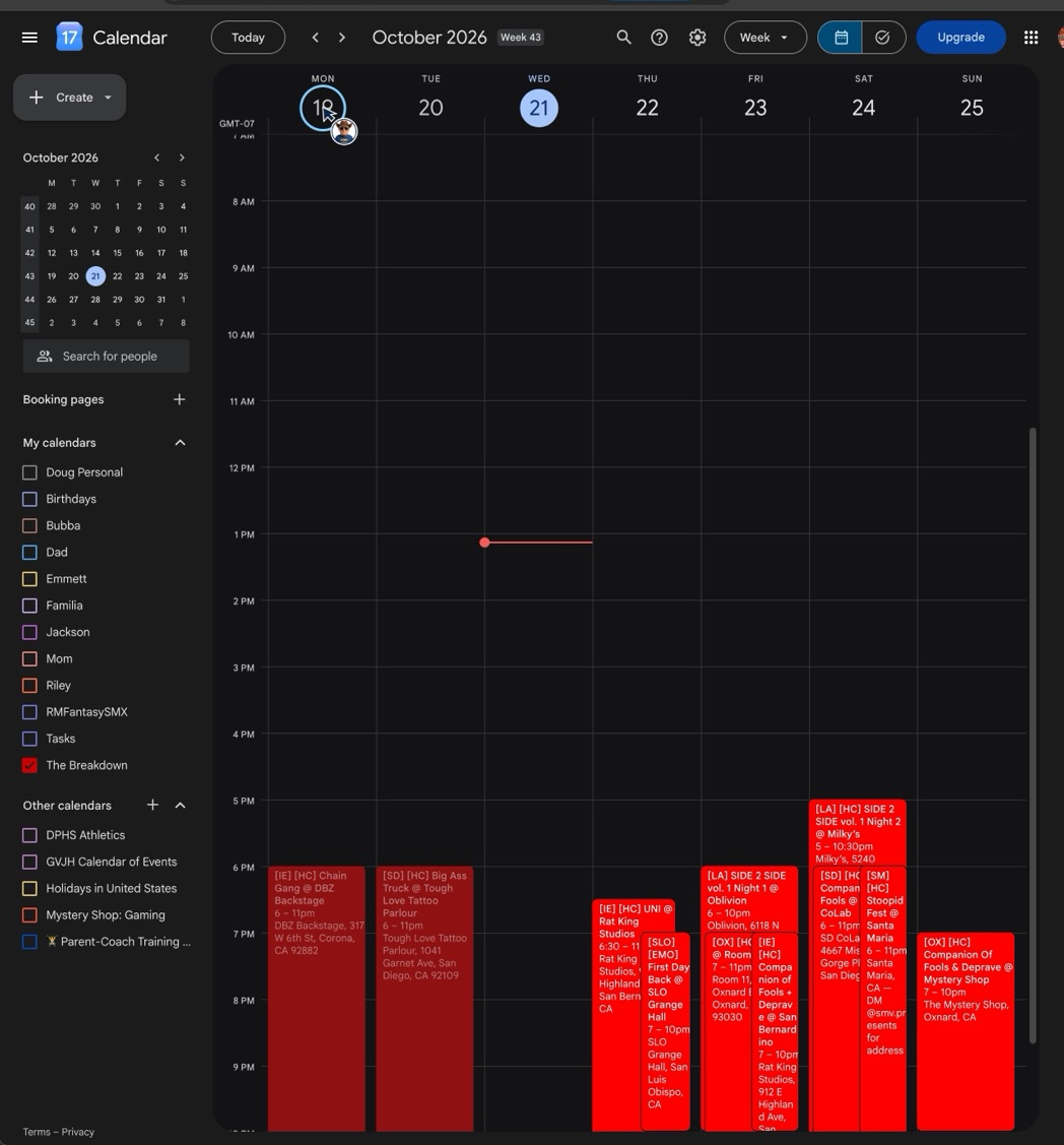 Google Calendar week view with only The Breakdown turned on in the sidebar, its shows filling the evenings of October 19-25