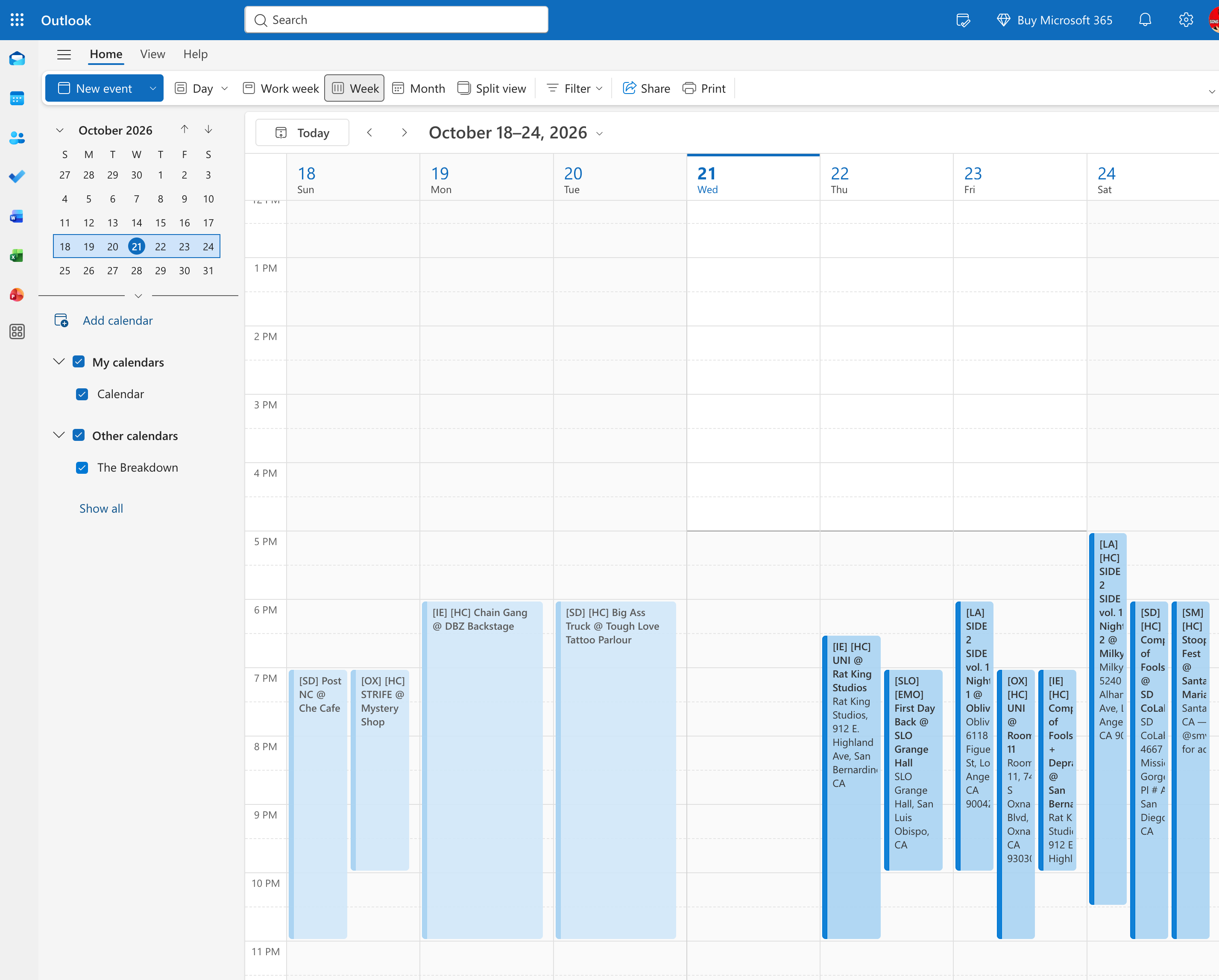 Outlook calendar on the web with The Breakdown listed under Other calendars, its shows filling the week of October 18–24